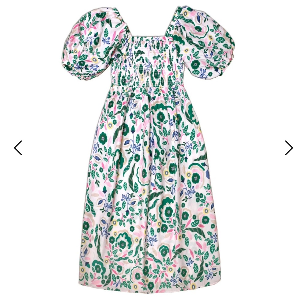 Floral Puff-Sleeve Midi Dress in Green and Pink